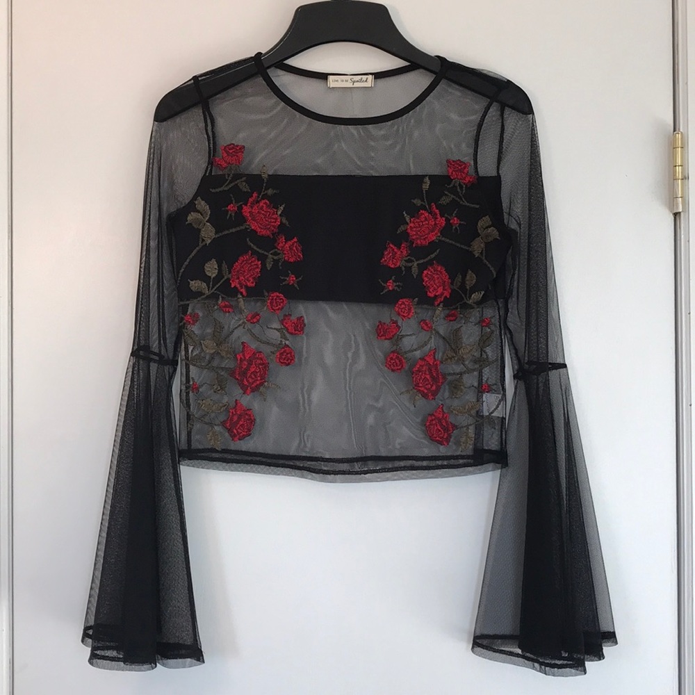 Embroidered Mesh Bell Sleeve Top